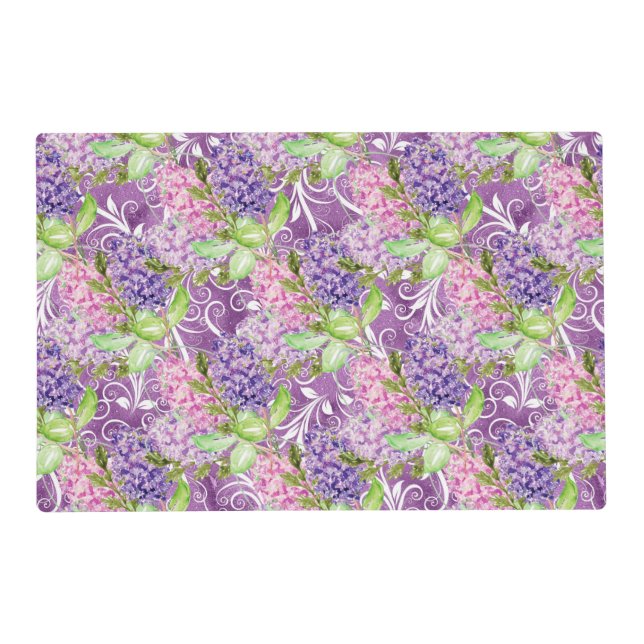 Purple Lilac Blossoms Pattern Laminated Paper Placemat (Front)