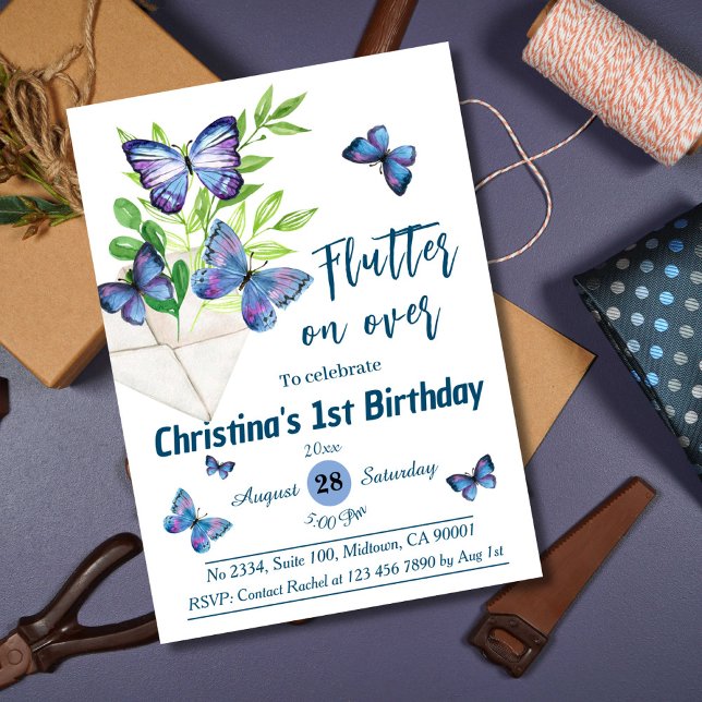 Purple lilac & blue butterfly themed 1st birthday  invitation (Creator Uploaded)