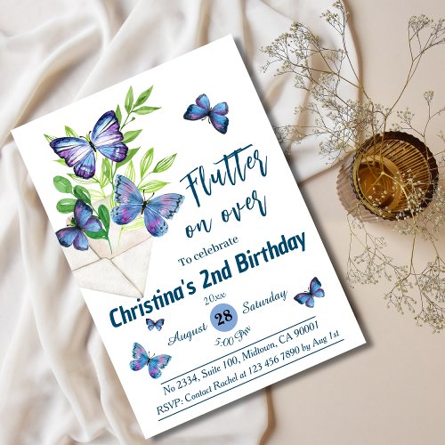 Purple lilac  blue butterfly themed 2nd birthday invitation