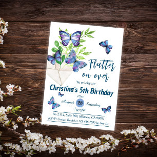 Purple lilac & blue butterfly themed 5th birthday invitation