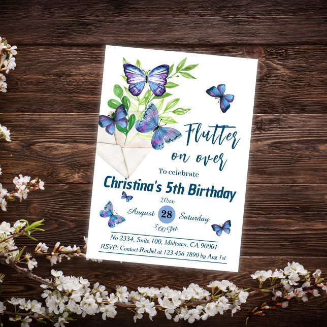 Purple lilac & blue butterfly themed 5th birthday invitation (Creator Uploaded)