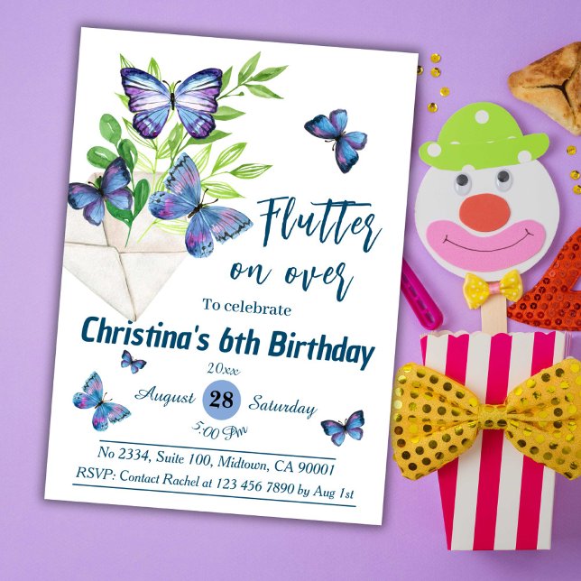Purple lilac & blue butterfly themed 6th birthday invitation (Creator Uploaded)