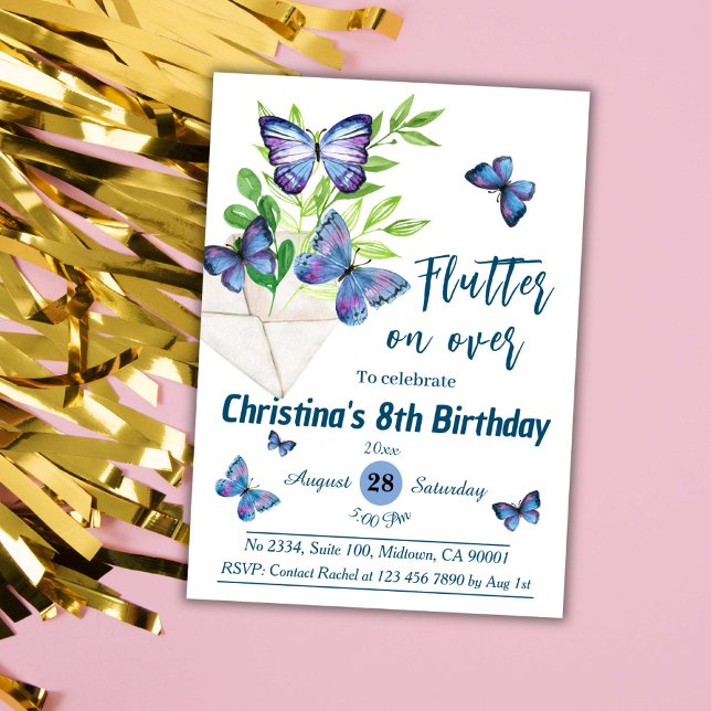 Purple lilac & blue butterfly themed 8th birthday invitation (Creator Uploaded)
