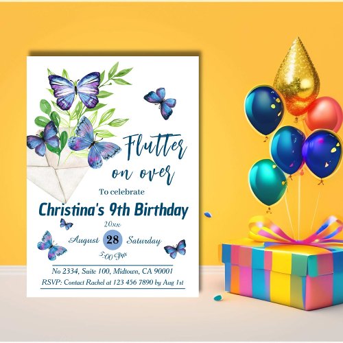 Purple lilac  blue butterfly themed 9th birthday invitation