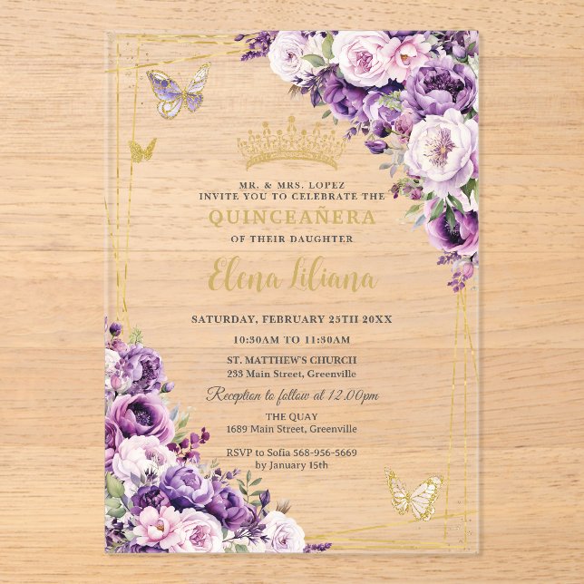 Purple Lilac Blush Floral Quinceanera Acrylic Invitations (Front)