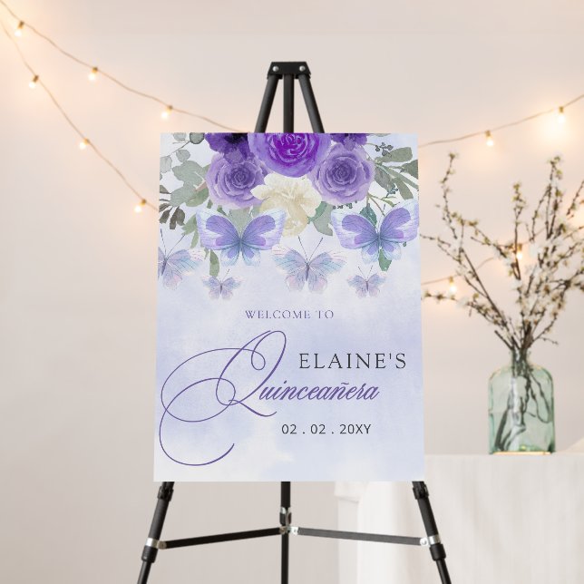 Purple Lilac Butterflies Quinceanera Welcome Sign (In Situ (Stand))