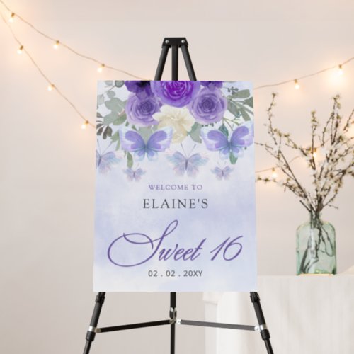 Purple Lilac Butterflies Sweet 16 Welcome Sign
