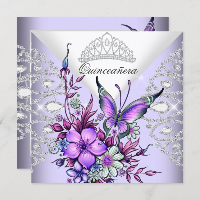 Purple Lilac Butterfly Tiara Quinceanera Floral Invitation (Front/Back)