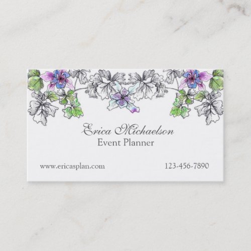 Purple Lilac Columbine Watercolor Flowers Custom Business Card