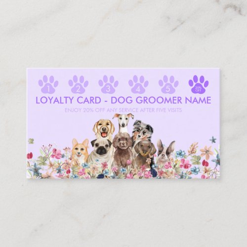 Purple Lilac Dog Walker Groomer Punch Loyalty Business Card