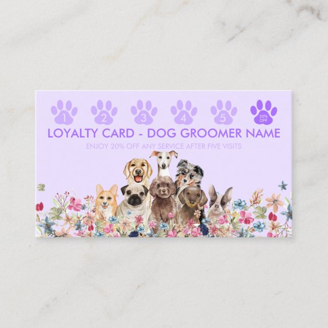 Purple Lilac Dog Walker Groomer Punch Loyalty Business Card (Front)