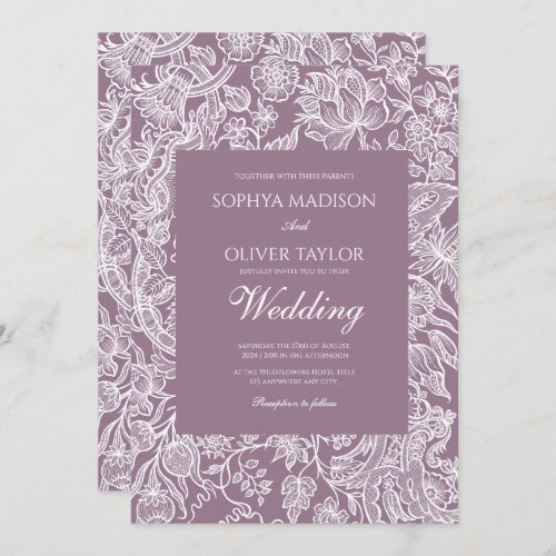 Purple Lilac Elegant Line Art Wildflower Wedding Invitation