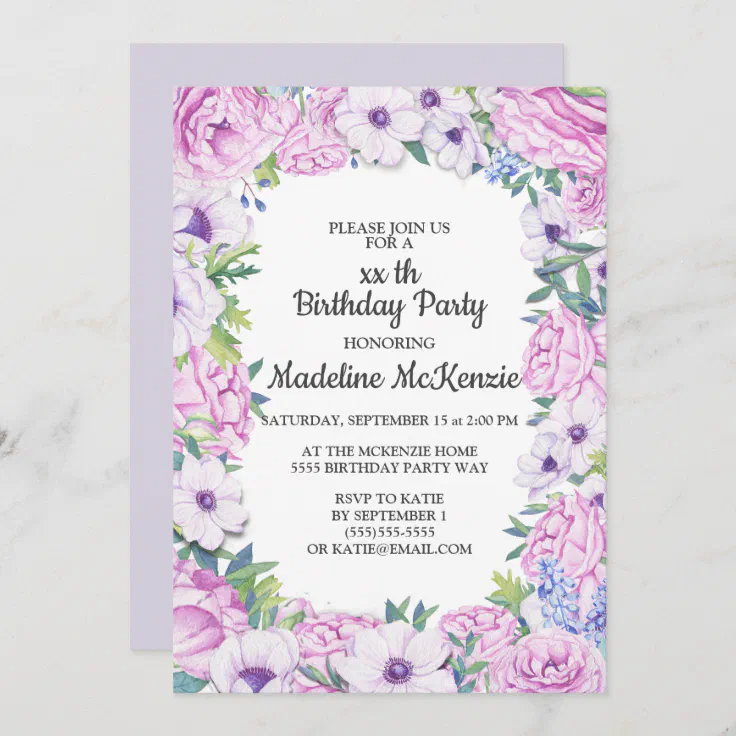 Purple Lilac Floral Birthday Party Invitation | Zazzle