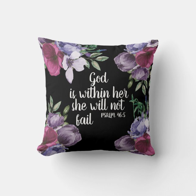Purple Lilac Floral Black Christian God is Within Throw Pillow (Front)