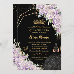 Purple Lilac Floral Black Dress Gold Quinceañera Invitation