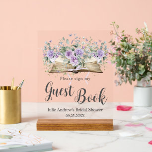 Purple Lilac Floral Book Chapter Bridal Guest Book Acrylic Sign