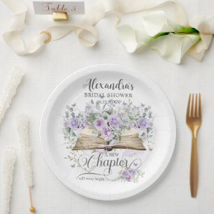 Purple Lilac Floral Book New Chapter Bridal Shower Paper Plates