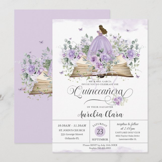 Purple Lilac Floral Book New Chapter Quinceañera Invitation (Front/Back)