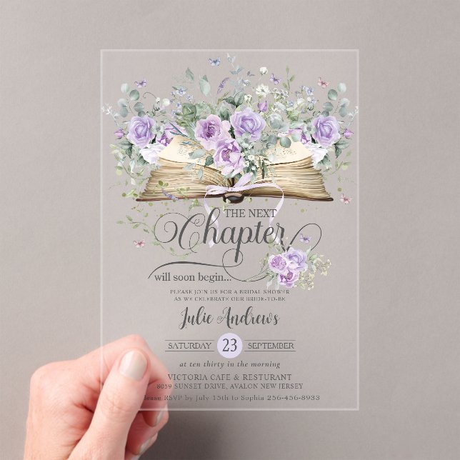 Purple Lilac Floral Book Next Chapter Bridal  Acrylic Invitations (Insitu (Handheld))