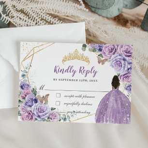 Purple Lilac Floral Brown Girl Quinceañera Reply RSVP Card