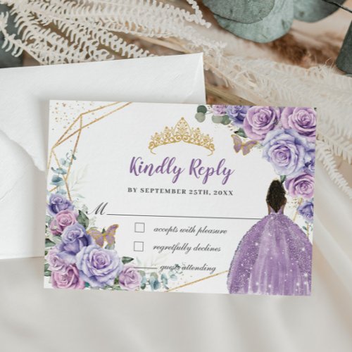 Purple Lilac Floral Brown Girl Quinceaera Reply RSVP Card