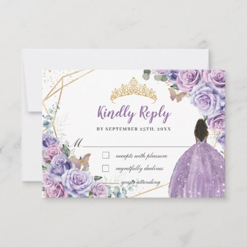 Purple Lilac Floral Brown Girl Quinceaera Reply RSVP Card