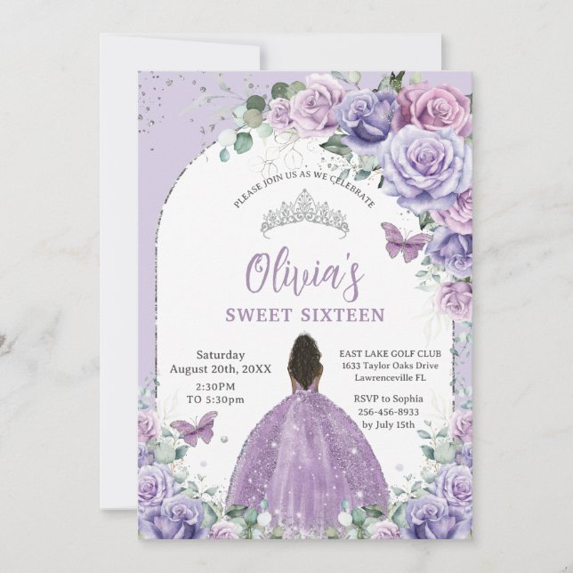Purple Lilac Floral Brown Girl Sweet 16 Birthday  Invitation (Front)