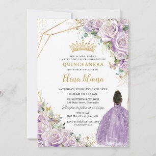 Purple Lilac Floral Brown Princess Quinceanera Invitation