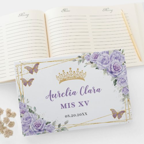 Purple Lilac Floral Butterflies Gold QUINCEAERA Guest Book