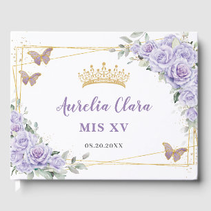 Purple Lilac Floral Butterflies Gold QUINCEAÑERA Guest Book