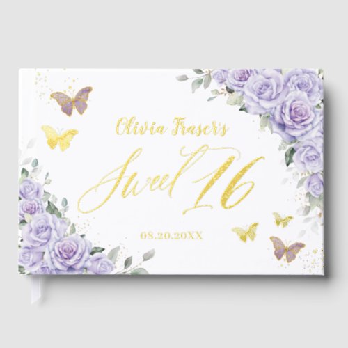 Purple Lilac Floral Butterflies Gold Sweet 16 Foil Foil Guest Book