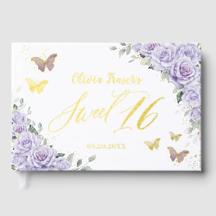Purple Lilac Floral Butterflies Gold Sweet 16 Foil Guest Book