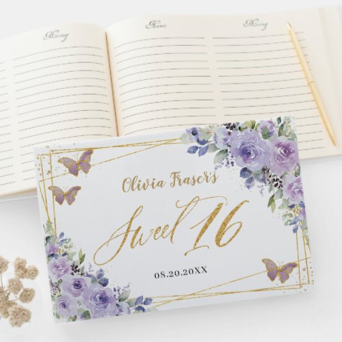 Purple Lilac Floral Butterflies Gold Sweet Sixteen Guest Book