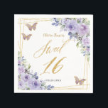 Purple Lilac Floral Butterflies Gold Sweet Sixteen Napkins<br><div class="desc">Coordinate your party with these lovely floral napkins.  Featuring purple,  lilac,  lavender flowers and gold butterflies. Personalize them with your details easily and quickly,  simply press the customise it button to further re-arrange and format the style and placement of the text. (c) The Happy Cat Studio</div>