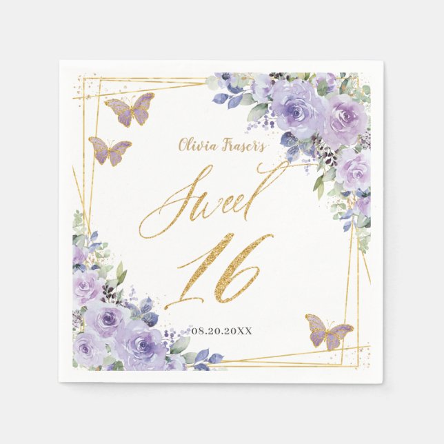Purple Lilac Floral Butterflies Gold Sweet Sixteen Napkins (Front)