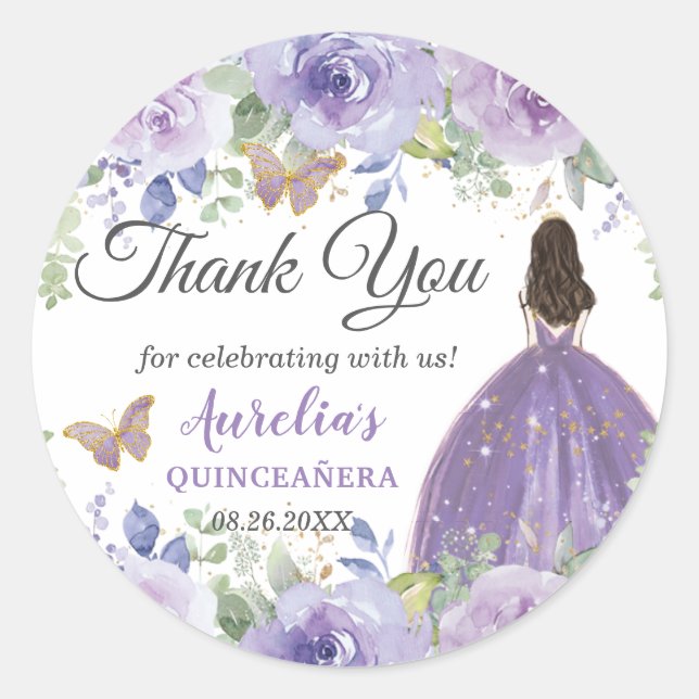 Purple Lilac Floral Butterflies Princess Favor Classic Round Sticker (Front)