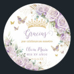 Purple Lilac Floral Butterflies Quinceañera 15 16 Classic Round Sticker<br><div class="desc">Personalize these pretty floral Quinceañera / Sweet 16 / Cincoañera birthday sticker labels easily and quickly. Simply click the customize it further button to edit the texts, change fonts and fonts colors. Featuring pretty pastel purple lilac flowers, delicate greenery and purple and gold butterflies. Matching items available in store. (c)...</div>