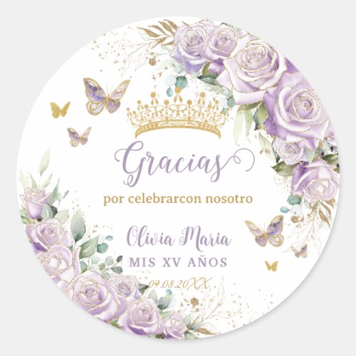 Purple Lilac Floral Butterflies Quincea&#241;era 15 16 Classic Round Sticker