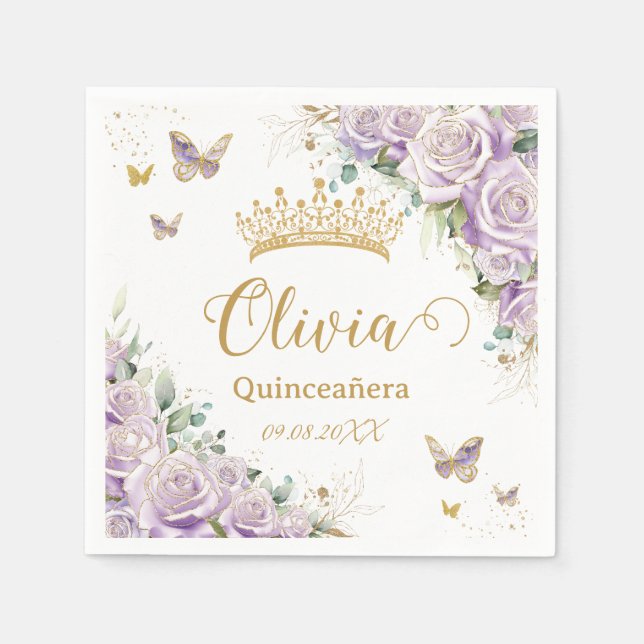 Purple Lilac Floral Butterflies Quinceañera 15 16 Napkins (Front)