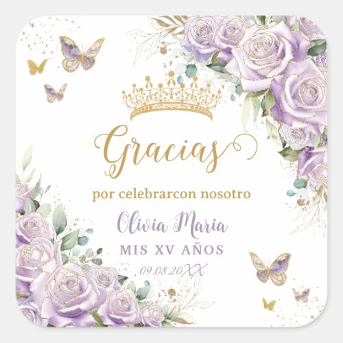 Purple Lilac Floral Butterflies Quincea&#241;era 15 16 Square Sticker
