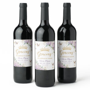 Purple Lilac Floral Butterflies Quinceanera 15 16 Wine Label