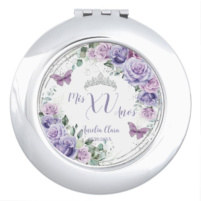 Purple Lilac Floral Butterflies Quinceañera Favor Compact Mirror (Front)