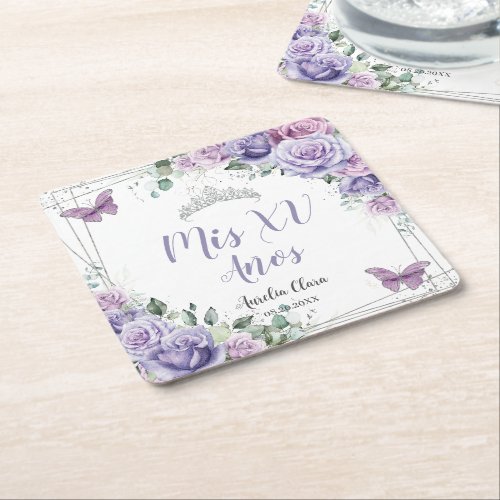 Purple Lilac Floral Butterflies Quinceanera Favors Square Paper Coaster