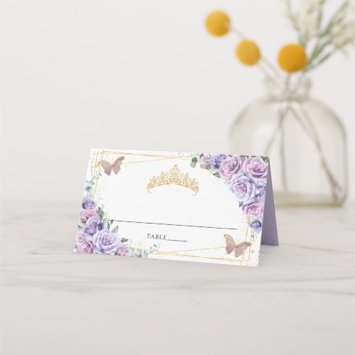 Purple Lilac Floral Butterflies Quinceaera XV 16 Place Card