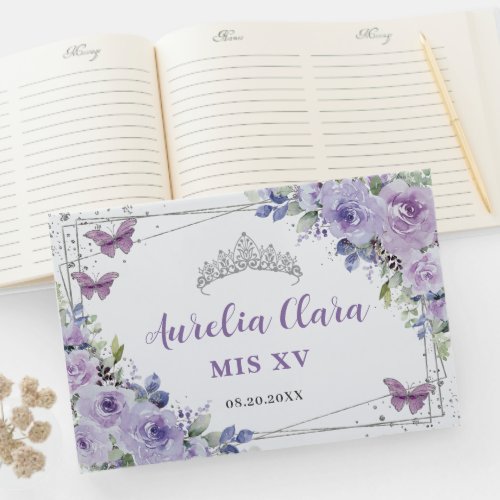 Purple Lilac Floral Butterflies Silver QUINCEAERA Guest Book