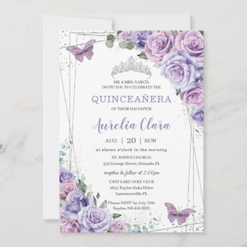 Purple Lilac Floral Butterflies Silver Quinceanera Invitation