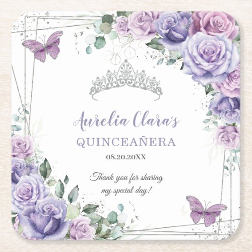 Purple Lilac Floral Butterflies Silver Quinceanera Square Paper Coaster