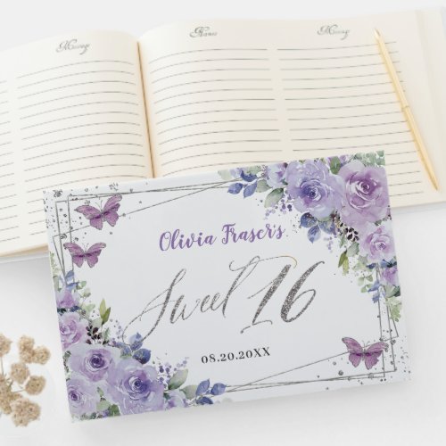 Purple Lilac Floral Butterflies Silver Sweet 16 Guest Book
