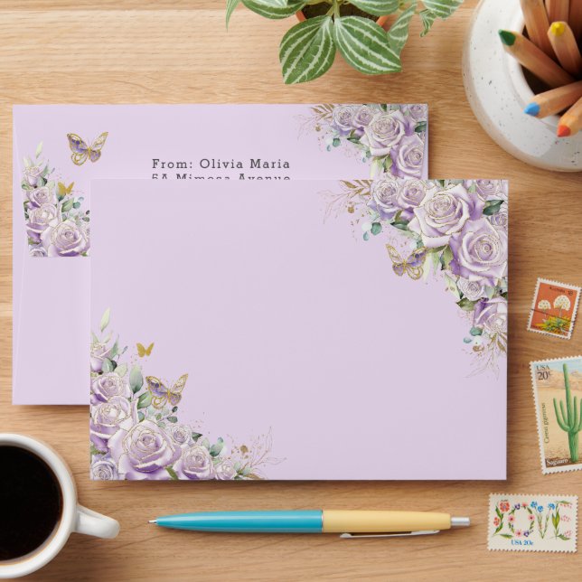 Purple Lilac Floral Butterfly Quinceañera Birthday Envelope (Desk)