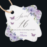 Purple Lilac Floral Butterfly Silver Sweet Sixteen Favor Tags<br><div class="desc">Coordinate your party with these lovely floral favor tags. Featuring purple, lilac, lavender flowers, butterflies and a "sweet 16" headline. Personalize them with your details easily and quickly, simply press the customise it button to further re-arrange and format the style and placement of the text. (c) The Happy Cat Studio...</div>